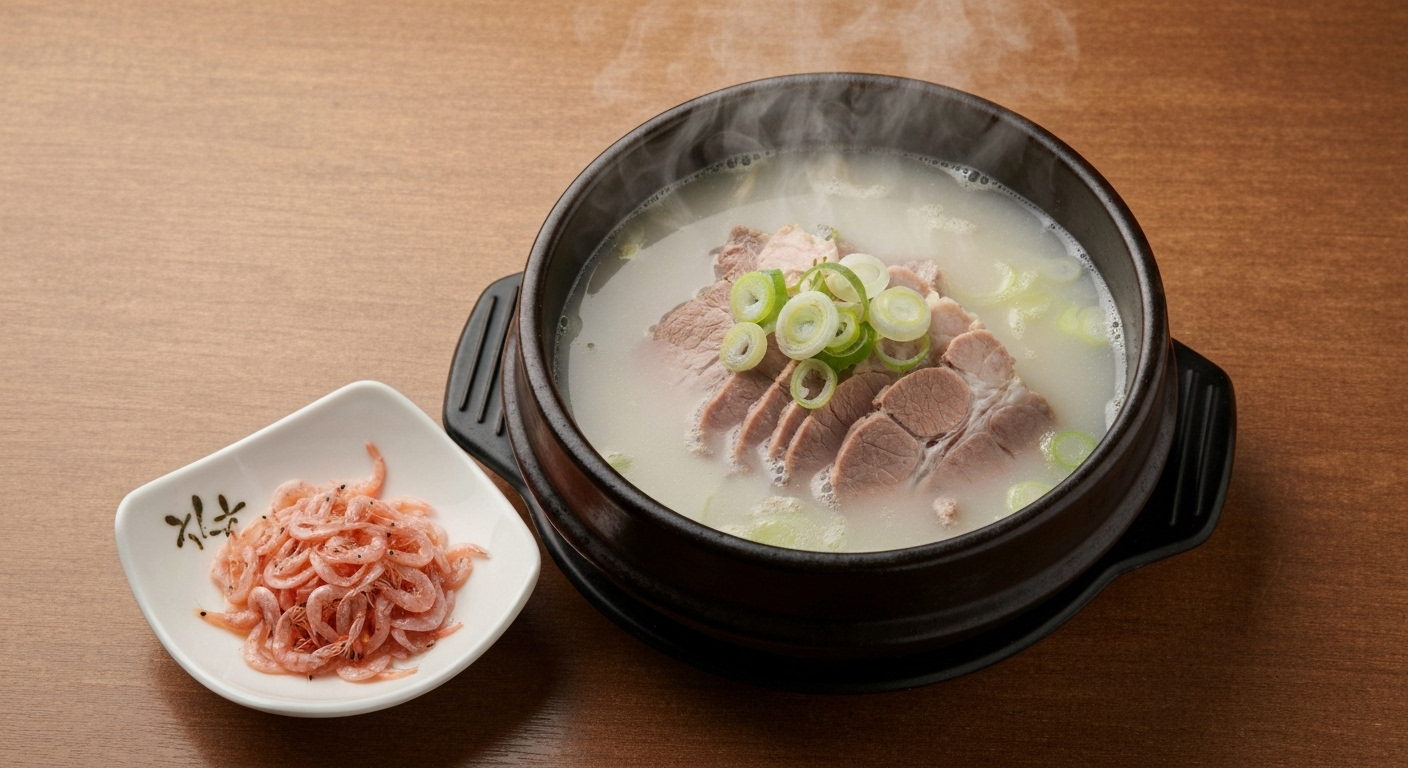사발에 담긴 돼지국밥과 새우젓 반찬