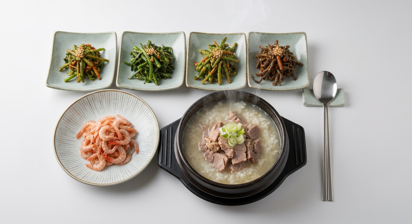 사발에 담긴 돼지국밥과 새우젓 옆에 산나물 반찬과 숫가락 젓가락