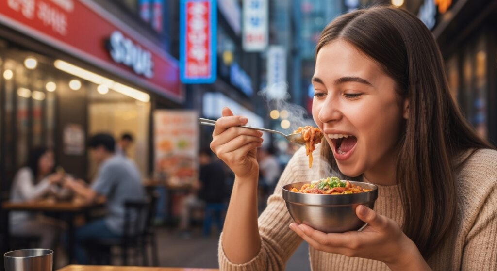서울의 번화한 식당가에서 국밥을 먹고 있는 아름다운 미모의 외국인 10대 여성관광객