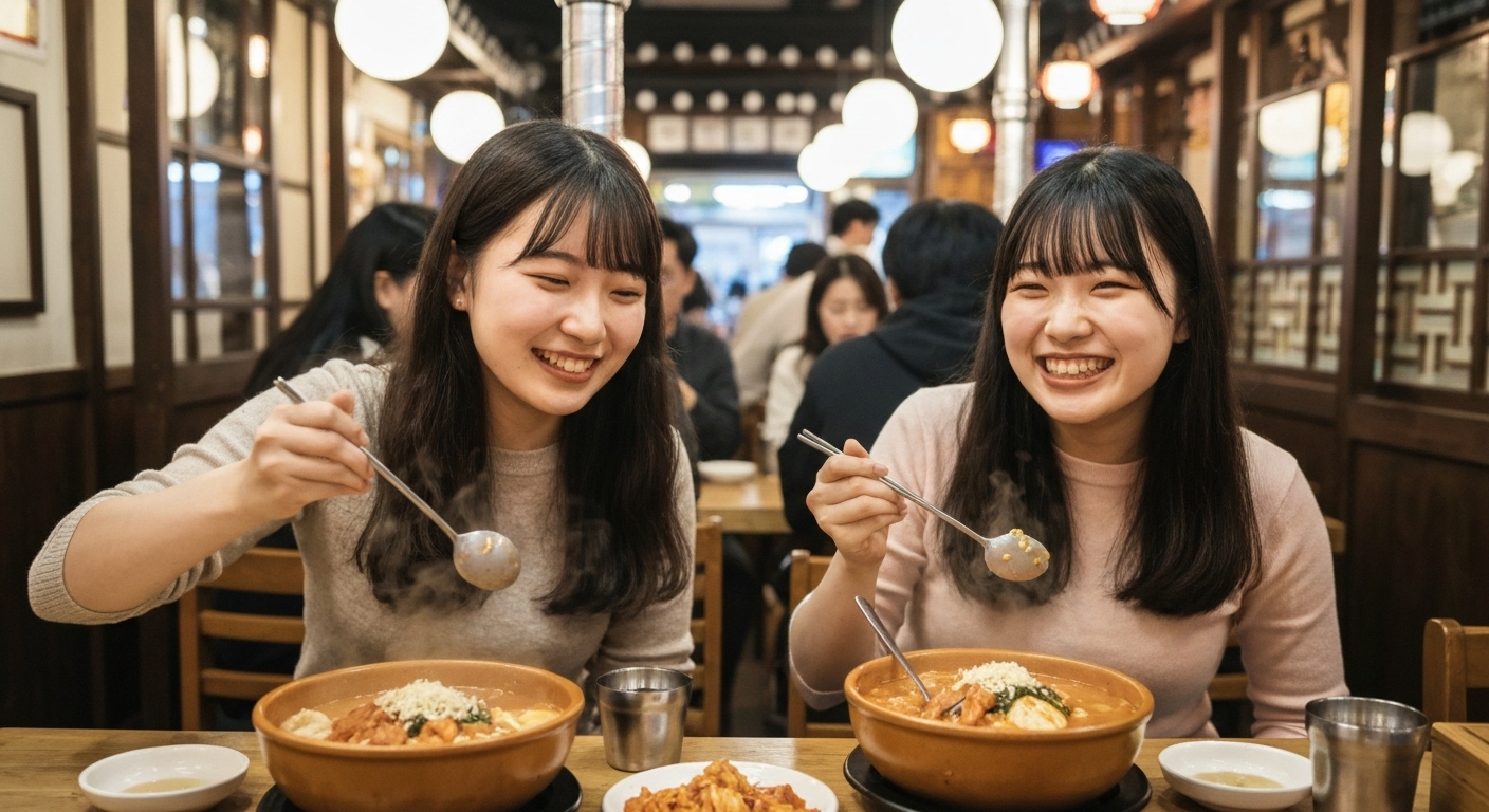 서울의 번화한 식당가에서 국밥을 먹고 있는 아름다운 미모의 일본인 10대 여성관광객들